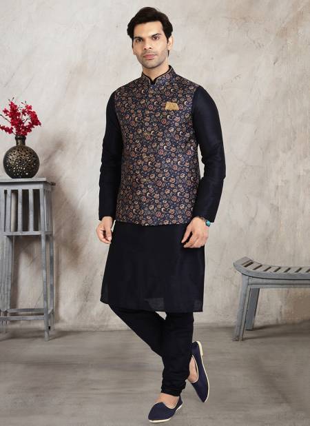 Blue Colour Festive Wear Jacquard Banarasi Silk Digital Print Kurta Pajama With Jacket Mens Collection 1209